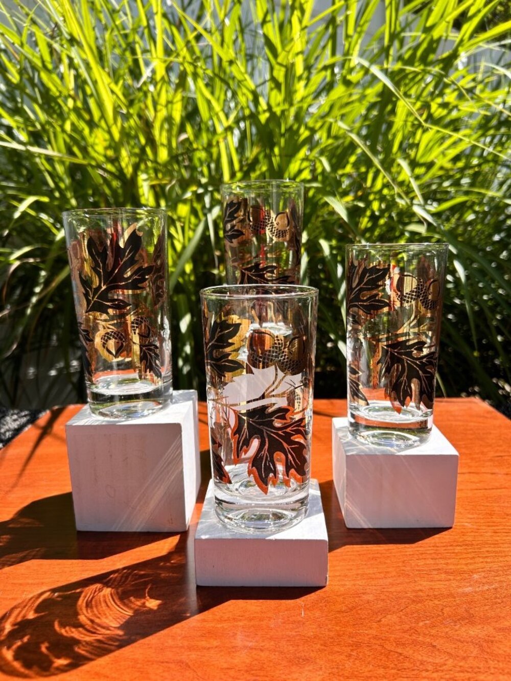Vintage Mid Century Metallic Design Golden Foliage Leaf Patterned Glass Tumblers